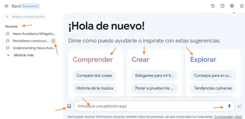 Bard, tu asistente IA, te da la bienvenida. Pide ayuda para comprender, crear o explorar.
