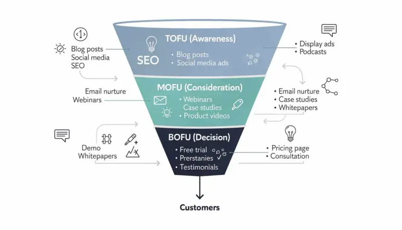 Embudo de marketing: TOFU (conciencia), MOFU (consideración) y BOFU (decisión). Contenido: blog, SEO, webinars, demos, etc.